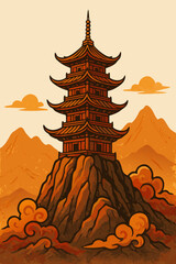 Chinese pagoda on mountain. Traditional Asian pagoda on rocky mountain with orange clouds  