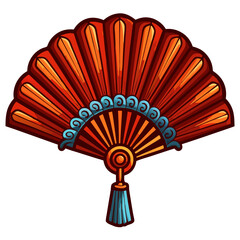 Chinese red fan with gold details. Decorative red handheld fan with blue accents and tassel  izolated