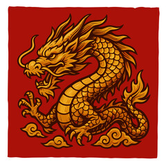 Chinese red paper with golden dragon. Golden dragon illustration with clouds on red background izolated  