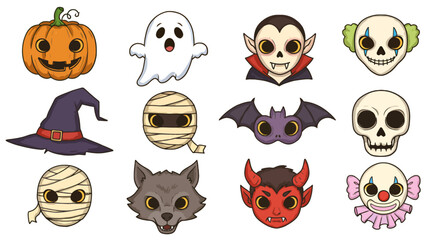 A collection of cartoon illustrations featuring various Halloween characters and symbols.