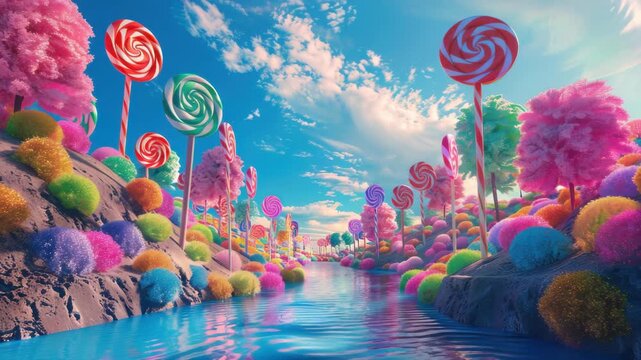 A colorful candy land with a river running through it. The candy is in the shape of lollipops and is in various colors
