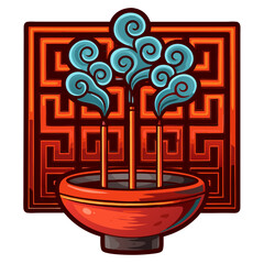 Temple incense smoke. Traditional incense burner with smoke on decorative backgrou izolated