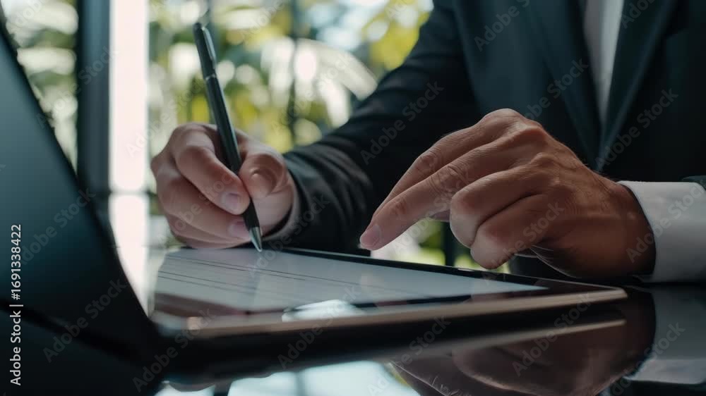 Poster a professional man working on an ipad with a pen, creating digital content in a modern office settin