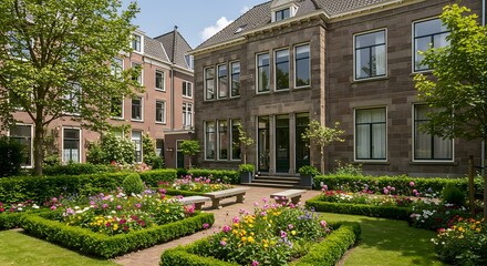 Exterior of a elegant house located in a vibrant Dutch city center, featuring sleek stone finishes with lush green gardens.   Premium Home Exterior Inspiration