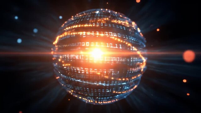 Futuristic Digital Sphere with Bright Core and Flowing Binary Codes in Dark Background