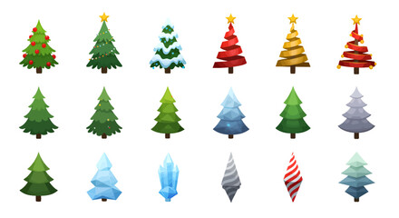 Collection of stylized Christmas trees with various decorations and designs.