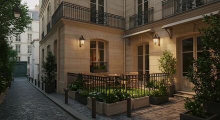 Fototapeta premium Exterior of a elegant house located in a historic Parisian street, featuring intricate iron railings with a chic outdoor dining area. Elegant and Timeless Style