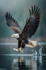 Obraz premium Majestic Bald Eagle Catching Fish Over Calm Water