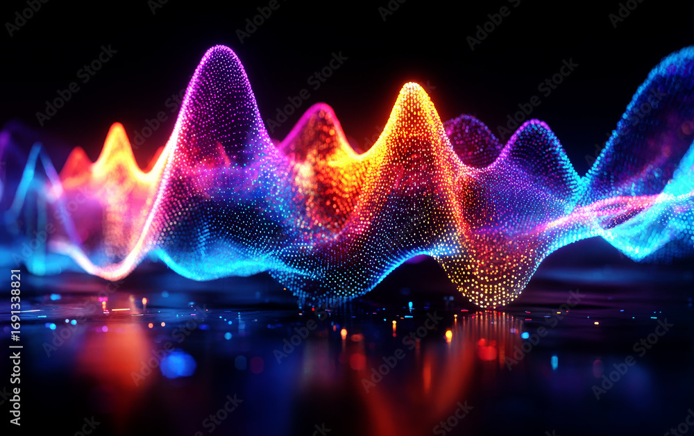 Poster vibrant colorful wave patterns displaying digital technology