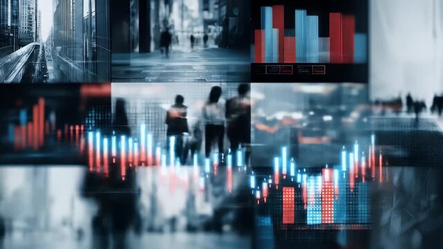 Abstract Data Visualization Background with Financial Charts, Urban Scenes, and People Walking in Modern City Settings - Powered by Adobe