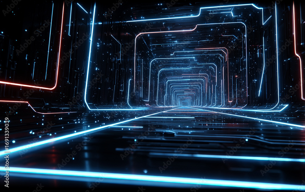 Poster futuristic digital tunnel with glowing neon lights and circuit patterns