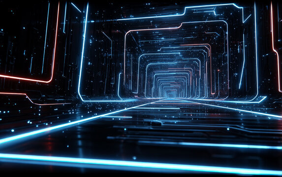 Futuristic digital tunnel with glowing neon lights and circuit patterns