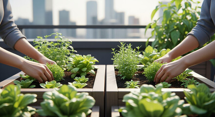 Obraz premium Two people are seen tending to an urban rooftop garden, with hands planting fresh green vegetables and herbs in planter boxes.