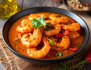 Delicious spicy shrimp curry served in a black bowl with fresh herbs, culinary delight