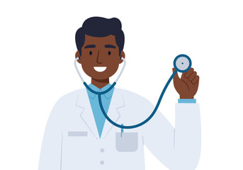 Fototapeta premium Friendly healthcare provider ready for patient care, showing compassion and expertise with stethoscope, perfect for medical campaigns and wellness promotions