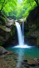 Naklejka premium Serene waterfall cascading over mossy rocks into a crystal-clear pool, surrounded by lush green forest Perfect for nature, travel, and relaxation themes , tranquility, clear pool, rocks