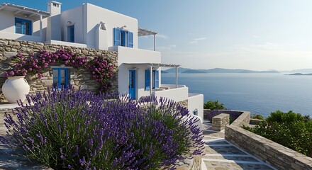 Exterior of a classic house located in a Greek island villa, featuring sleek stone finishes with flowering lavender bushes.