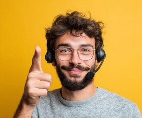 A man wearing headphones and glasses gives a thumbs-up against a bright yellow background, showcasing a positive and helpful expression.