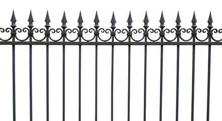 Black wrought iron fence with pointed finials and decorative scrollwork, isolated on transparent background