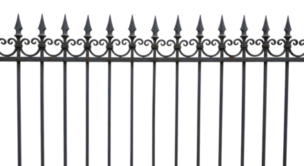 Black wrought iron fence with pointed finials and decorative scrollwork, isolated on transparent background