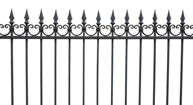 Black wrought iron fence with pointed finials and decorative scrollwork, isolated on transparent background