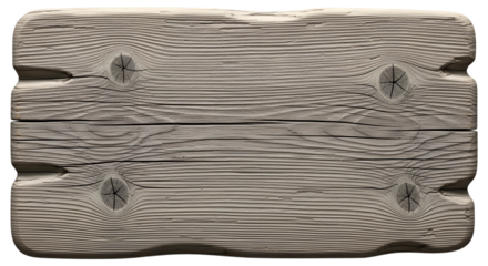 Blank weathered grey wooden sign board with visible wood grain and knots, isolated on transparent background
