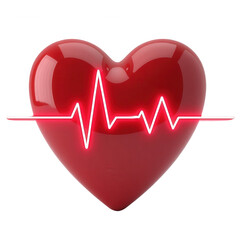 A glossy, vibrant red heart displays a glowing, bright red electrocardiogram line, signifying a healthy pulse against a stark black background.