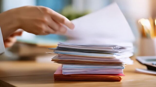 Office Desk Scene with Stacked Documents, Calculator, and Writing Tools in a Bright Workplace Atmosphere