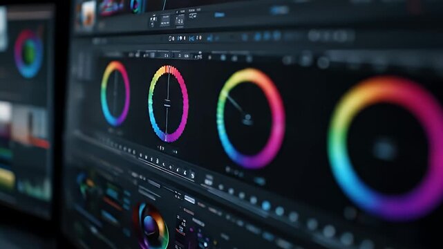 Color grading software interface with vibrant color wheels and editing tools for professional video production and post-production work