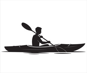 Vector silhouette of man kayaking with paddle outdoor adventure sport