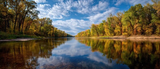 Naklejka premium Vast River Reflects Autumn Trees and Blue Sky in a Serene Landscape