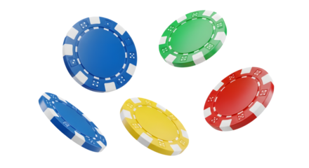 A collection of colorful casino poker chips, including blue, green, red, and yellow, isolated on a transparent background