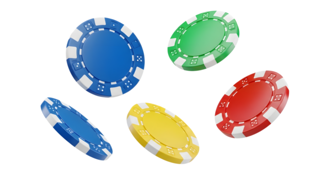 A collection of colorful casino poker chips, including blue, green, red, and yellow, isolated on a transparent background