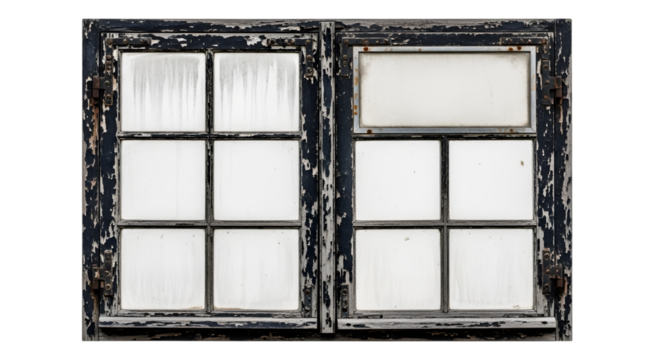 Old rustic wooden window frame with multiple panes isolated on transparent background