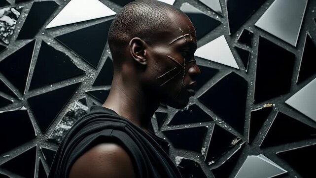 Strong African man gazes in profile against geometric shards. Evokes mystery, resilience, identity. Ideal for art, fashion, branding, documentaries, cultural themes, and strong narratives.