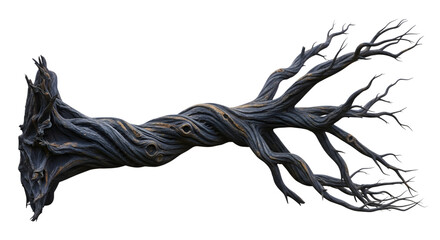 A gnarled and twisted dead tree branch with intricate texture, isolated on transparent background