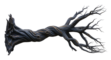 A gnarled and twisted dead tree branch with intricate texture, isolated on transparent background