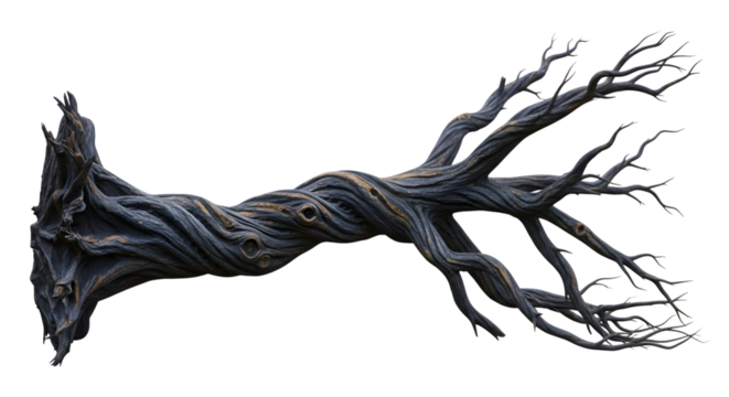 A gnarled and twisted dead tree branch with intricate texture, isolated on transparent background