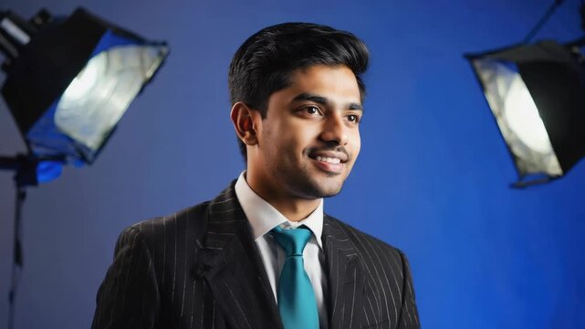 Portrait of smiling young man in suit with camera flashes and microstock studio background.