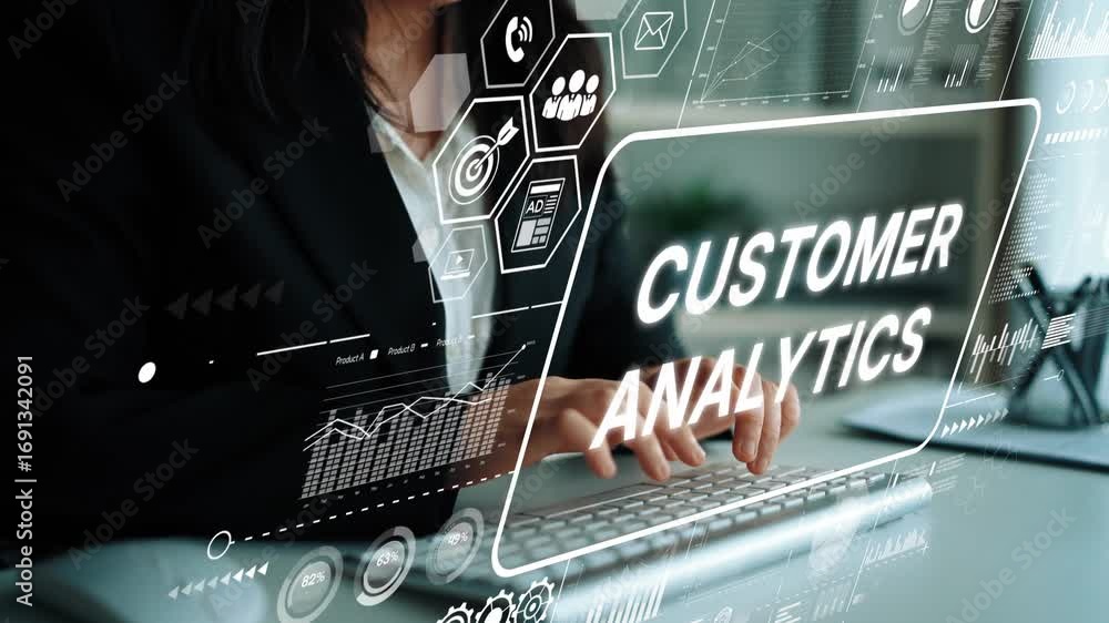 Poster professional business woman analyzing customer data with digital graphs and charts for insightful de