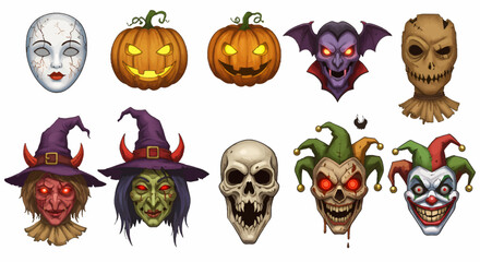 Collection of spooky Halloween masks and faces, including pumpkins, vampire, scarecrow, witches, skull, and evil clowns.
