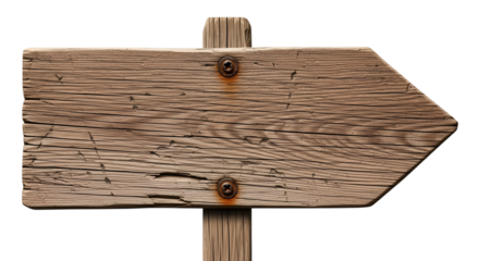 A weathered, rustic wooden signpost pointing to the right, isolated on a transparent background