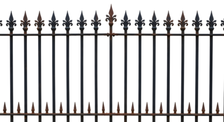 A black wrought iron fence with ornate fleurdelis finials, isolated on a transparent background