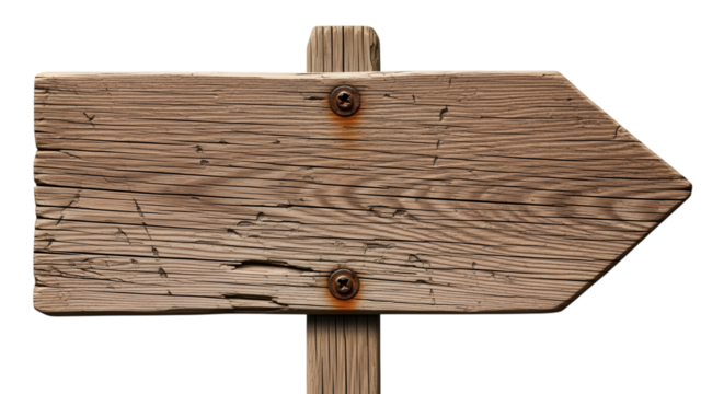 A weathered, rustic wooden signpost pointing to the right, isolated on a transparent background
