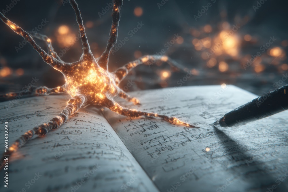 Poster a glowing neuron intertwining with an open vintage notebook and a pen.