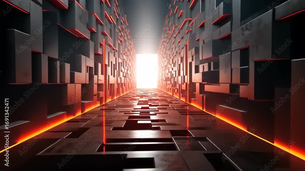 Poster neon passage of abstract dimension: futuristic tunnel of geometric forms leads towards a glowing por