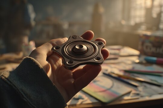 Detailed shot of a metallic, star-shaped fidget spinner in a person's hand.