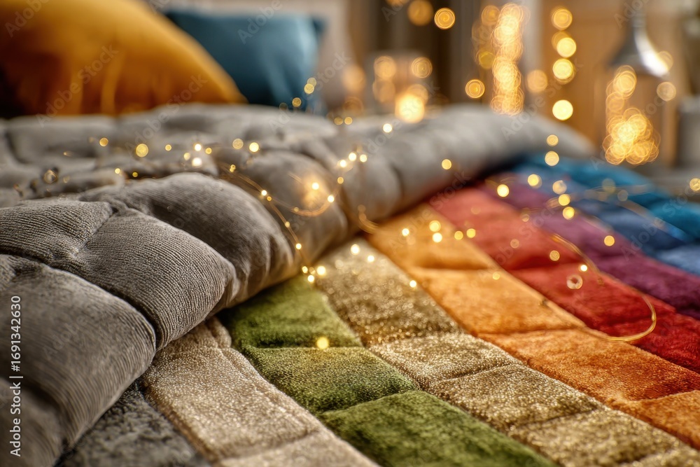 Poster Cozy textured rainbow blanket adorned with magical string lights and bokeh