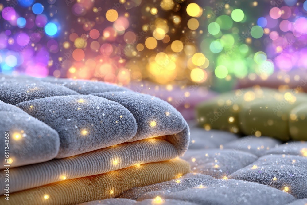 Aufkleber soft textured fabrics shimmering with golden light and colorful bokeh background