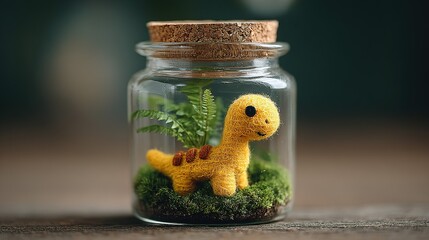Small yellow dinosaur toy inside a glass jar with green moss.